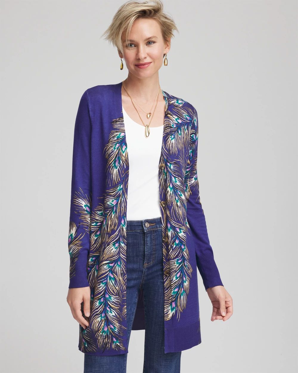 【ballet by backlash 】Peacock long knit Ella Peacock-Print Cardigan Sweater | Chico's